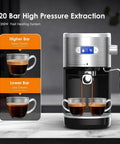 Top Shelf Commercial Espresso Machine With 20 Bar Pump And Smart Pre Infusion, brewing espresso in dual cups.