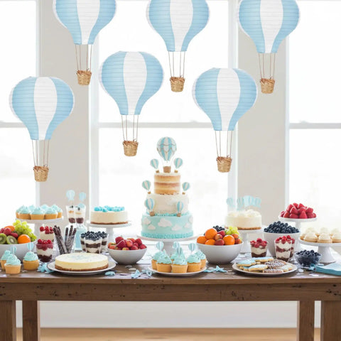 Blue White 6 Pack Hanging Hot Air Balloon Paper Lanterns Set for DIY Wedding Decor above dessert table setup.