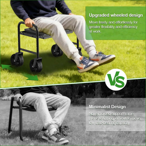 Person sitting on a Three In One Rollin Garden Stool With 360 Degree Wheels Foldable Kneeler And Seat, outdoor view