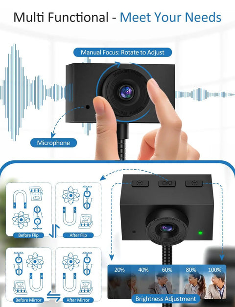 Crisp 1080P Streaming Webcam For Pc And Laptop With Built In Mic And Rock Solid Gooseneck Bracket for manual focus adjustments.