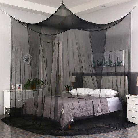 Black Bed Canopy With Mosquito Net For Full Queen And King Size Beds Indoor Or Outdoor Use Easy Access Four Openings All Around Protection From Insects Modern Gothic Halloween Decor Curtains For Bedroom Or Patio over a bed in a bedroom setting.