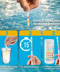 Go To 7 In 1 Pool And Spa Test Strips Kit, 100 Count Water Testing Strips demonstrating quick and easy testing process in pool