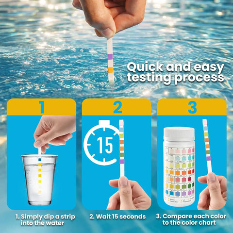 Go To 7 In 1 Pool And Spa Test Strips Kit, 100 Count Water Testing Strips demonstrating quick and easy testing process in pool