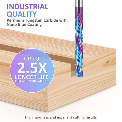 CNC router end mill, 1/8 in shank, up/down compression bit, tungsten carbide with blue coating for wood (5-pack)