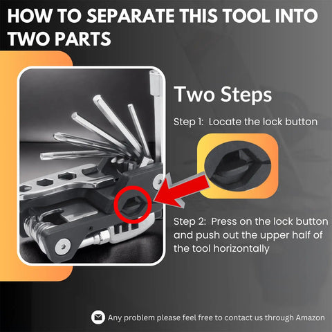 Steps to separate Bike Multi Tool 20 In 1 Portable Repair Kit with lock button and arrow highlighting disassembly process.