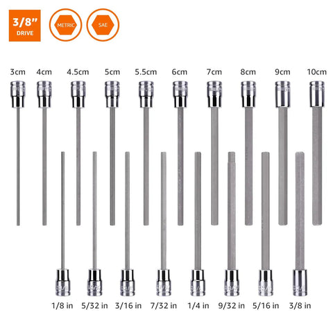 Three Eighth Inch Drive Long Hex Bit Socket Set 18 Piece With Deep Reach Hex Sockets And A Wide Range Of Fractional And Metric Sizes
