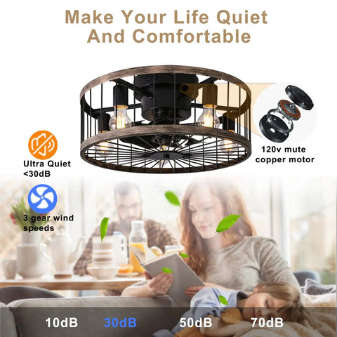 20 Inch Bladeless Caged Ceiling Fan With Lights Remote Control Low Profile Farmhouse Style Enclosed Rustic Wood Edge Finish
