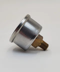 Side view of 60 psi oil pressure gauge with adapter fitting; silver body, brass threaded inlet.