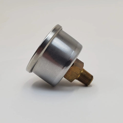 Side view of 60 psi oil pressure gauge with adapter fitting; silver body, brass threaded inlet.