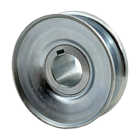 Solid Workhorse Single Groove Web Sheave V Belt Motor Pulley with 3/4 inch bore and 2.5 inch outer diameter, zinc plated steel.