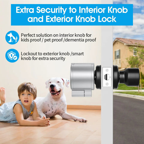 Door Knob Lockout Device With 3 Keys For Kidproof Safety, Easy Adjustable Knob Cover Lock, Matte Silver Finish, Installed on Door