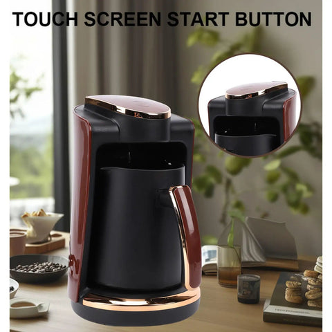 Turkish Coffee Maker 250Ml Single Cup Electric Brewer With Included Cup 550W Fast Heating shown with touch screen start button.