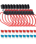 Heavy Duty 16 AWG Inline Fuse Holder Kit For Cars And Trucks, Tight ATC ATO Blade Connectors With Twenty Standard Amp Fuses, red wires and fuses displayed.
