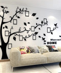 Tree Wall Decals For Living Room And Bedroom, 3D DIY Photo Frame Tree Mural, Family Photo Frame Sticker, Black Right Orientation, Large 83 by 59 Inch Wall Decor For Home displayed on a white wall above a beige sofa