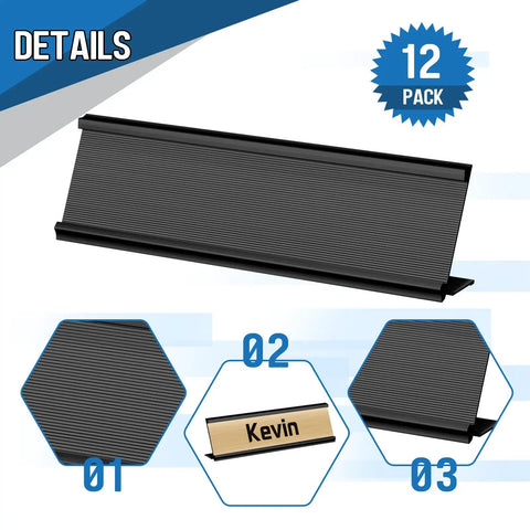 12 Pack Aluminum Desk Name Plate Holders 2 By 8 Inch Blank Name Plates For Office School Classroom with black display stand details