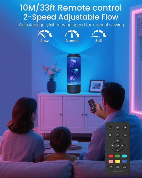 Family using remote with Jellyfish Lamp Bluetooth Speaker With White Noise And 7 Color Changing Lights 4 Lighting Modes