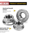 M5 Flange Nuts 30 Pack Serrated Hex Lock Nuts Stainless Steel 304 with smooth surface, showcasing secure fit for fasteners.