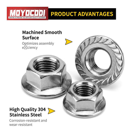 M5 Flange Nuts 30 Pack Serrated Hex Lock Nuts Stainless Steel 304 with smooth surface, showcasing secure fit for fasteners.