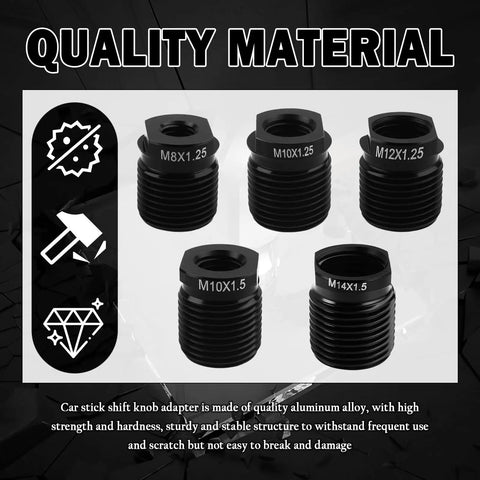 Five Piece Aluminum Gear Shift Knob Adapter Kit With Dope Precision Threads For Cars Includes M8x1.25 M10x1.25 M12x1.25 M10x1.5 M14x1.5 Female Adapters And M18x1.5 Male Threads Universal Stick Shift Car Accessories adapters displayed on quality material background