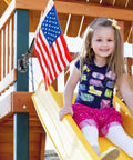 Outdoor Double Sided USA Flag Kit With Pole And Mounting Hardware For Treehouse And Backyard Decor, Premium 15.5 X 10.5 Inch USA Flag displayed on playset