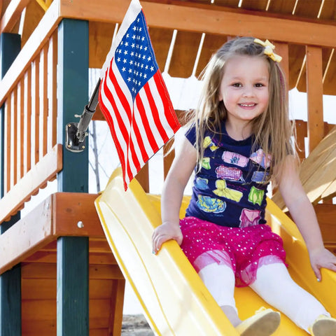 Outdoor Double Sided USA Flag Kit With Pole And Mounting Hardware For Treehouse And Backyard Decor, Premium 15.5 X 10.5 Inch USA Flag displayed on playset