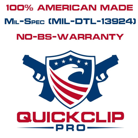 100% American made logo featuring QuickClip Pro with military specifications and warranty information.