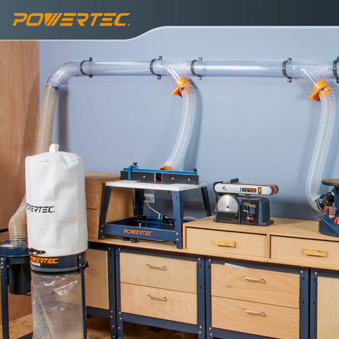 Workshop with installed Four Inch ID 90 Degree Dust Collection Elbow Fitting For Four Inch OD Pipes Easy Clip On Quick Connect