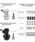 5 Pair Ball Lock Quick Disconnect Set For Corny Kegs Homebrewing With Barbed Nut Adapters, gas and liquid disconnects shown with 5/16 and 1/4 barb fittings