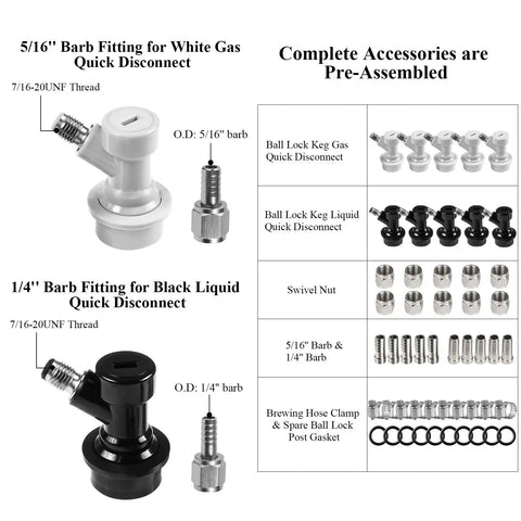 5 Pair Ball Lock Quick Disconnect Set For Corny Kegs Homebrewing With Barbed Nut Adapters, gas and liquid disconnects shown with 5/16 and 1/4 barb fittings
