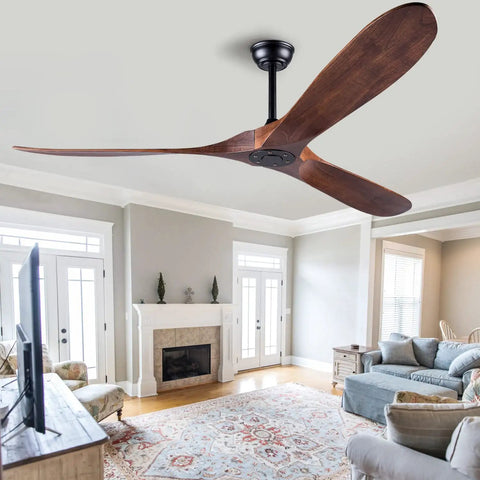 60 Inch No Light Wood Ceiling Fan for Indoor Outdoor Patios and Sloped Ceilings, Silent DC Motor, Walnut Finish, Big Ceiling Fan for Living Room Bedroom Porch.