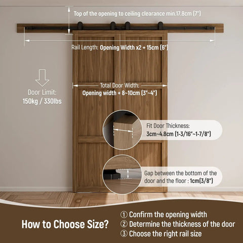 9 Ft Sliding Barn Door Hardware Kit Built To Last With Heavy Duty Steel Rollers And Flat Tracks For 27 Inch Double Doors Pro Grade Slick Glide Spring Dampers Easy Install Black T Shaped Track System 330 Lb Capacity, installation guide with measurements and door size instructions.