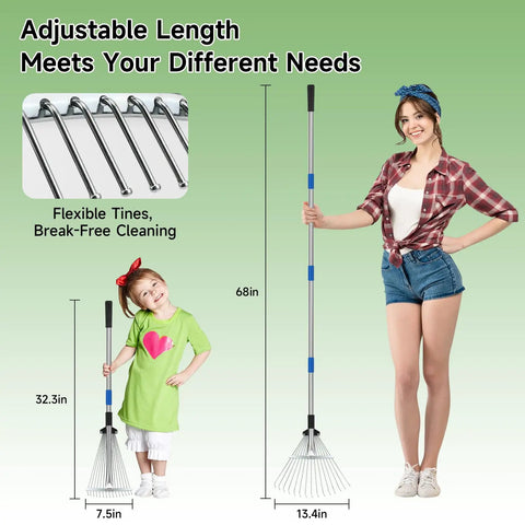 68 Inch Metal Rake With Adjustable Handle Built For Heavy Duty Leaf Cleanup And Thatch Removal, Yard Work Beast Lawn Rake For Leaves