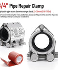 Front and side views of two 3/4 inch stainless steel pipe repair clamps with M1 self-adhesive tape.