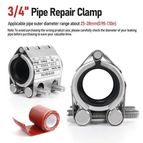 Front and side views of two 3/4 inch stainless steel pipe repair clamps with M1 self-adhesive tape.