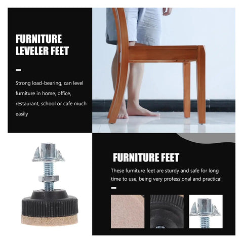 Heavy Duty Adjustable Leveling Feet For Furniture 16 Piece Set shown with chair for floor protection and stability