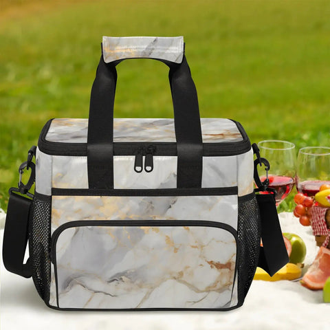 Glossy Marble Grey Insulated Picnic Backpack Lunch Box on a picnic table with fruits and wine glasses outdoors