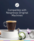 Original Machine Compatible Espresso Pods Grab N Go Variety Pack In Aluminum Capsules on display with coffee cup