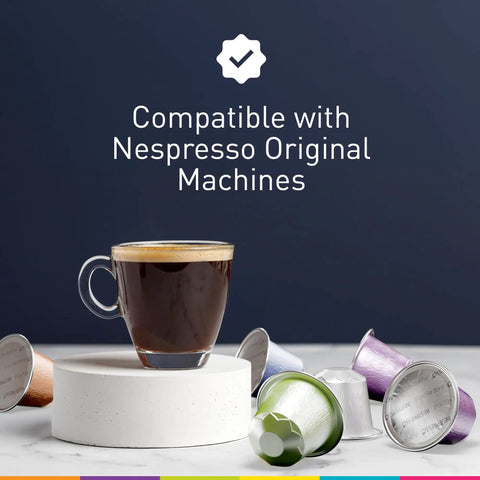 Original Machine Compatible Espresso Pods Grab N Go Variety Pack In Aluminum Capsules on display with coffee cup