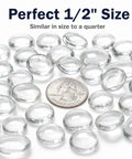 1/2 Inch Ultra Clear Fire Glass Beads For Fire Pit, 10 Lb White Reflective Drops next to a quarter for size comparison.