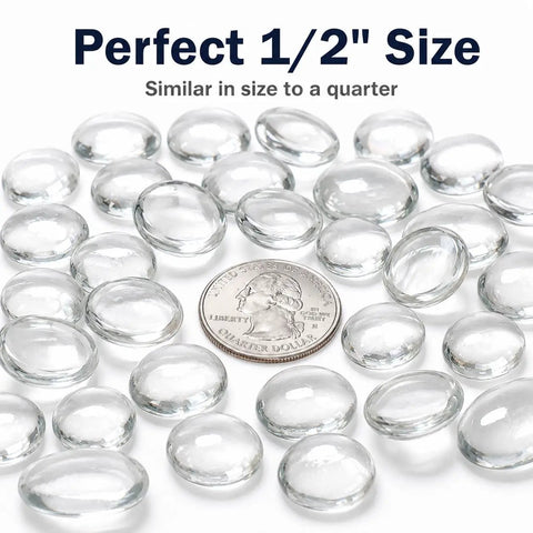 1/2 Inch Ultra Clear Fire Glass Beads For Fire Pit, 10 Lb White Reflective Drops next to a quarter for size comparison.