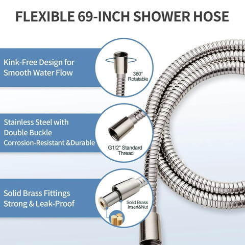 Slide Bar Shower System With Handheld Shower Head And Stainless Steel Grab Bar, Adjustable Height, 69 Inch Hose, Brushed Nickel Finish, ADA Compliant, Easy Clean, No Fuss Safe Shower Access For Any Bathroom - Close-up of Flexible 69-Inch Hose