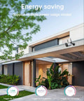 Modern home with 2K Wireless Outdoor Security Cam Battery Powered No Fuss With 2 Way Audio Color Night Vision IP66 Waterproof Siren.