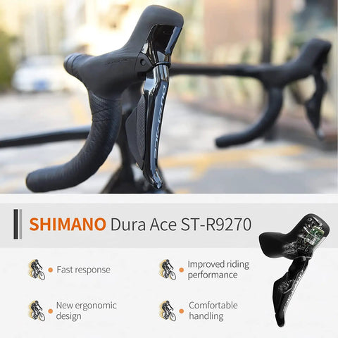 Close-up of Shimano Dura Ace ST-R9270 shifter on Carbon Road Bike With Ultegra Di2 9270 Electronic Shifting, 24 Speeds, White 54cm