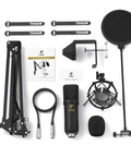 XLR Condenser Microphone Cardioid Studio Kit With T20 Boom Arm Shock Mount And Pop Filter components displayed on a white background.