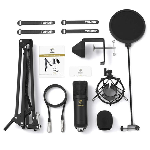 XLR Condenser Microphone Cardioid Studio Kit With T20 Boom Arm Shock Mount And Pop Filter components displayed on a white background.