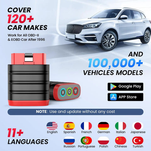 All In One OBD2 Bluetooth Diagnostic Tool For iOS And Android With Full System Car Scan And Check Engine Light Codes displayed.