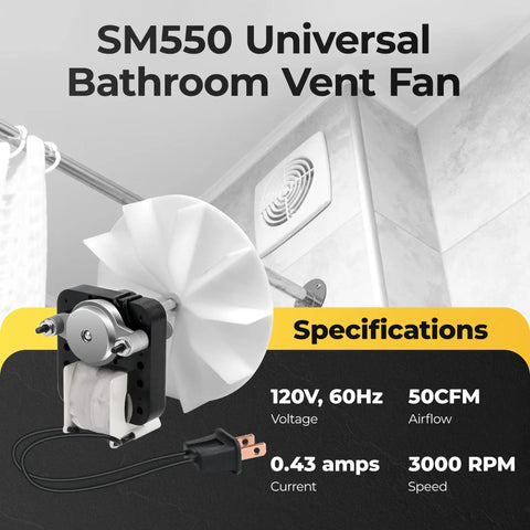 Sm550 Bathroom Vent Fan Motor Kit For Nutone And Broan Exhaust Fans 50 CFM 120V 3000 RPM Replacement with specifications.