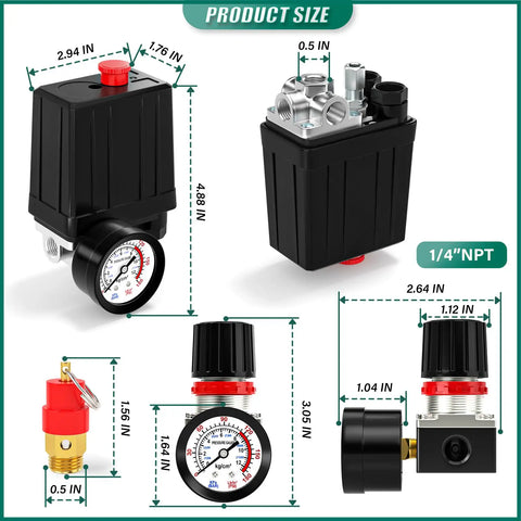 Rock Solid Air Compressor Pressure Switch Kit With Sleek Four Way Valve and Air Pressure Regulator, 1/4" NPT, heavy duty aluminum, dimensions.