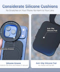 Close-up of 67mm Magnetic Double Sided Phone Lens Filter Adapter Mount with Cold Shoe on iPhone showing silicone groove and pad
