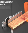 Heavy Duty Precision Miter Gauge For Table Saw With Reliable Miter Fence and Custom T Slot Fit, showcasing miter fence and wood piece.